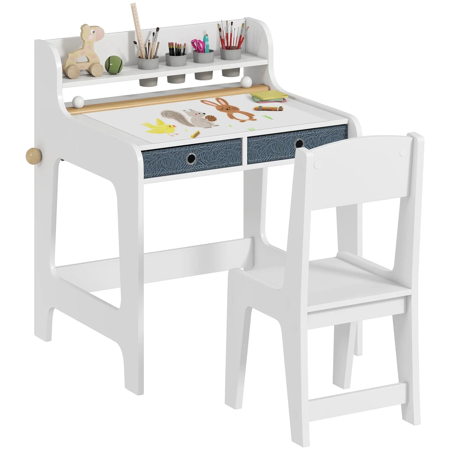 Kids Study Table and Chair Set, Art Desk with Storage Shelf, 3-8 Year Old