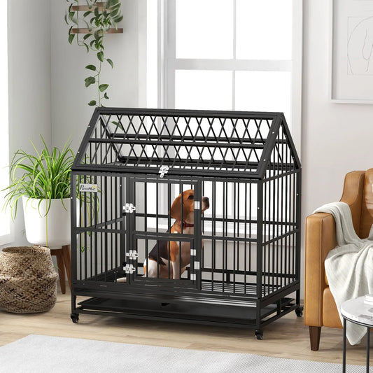 49" Heavy Duty Dog Crate, Removable Tray, Openable Roof, Black Houses, Kennels & Pens Black at Gallery Canada