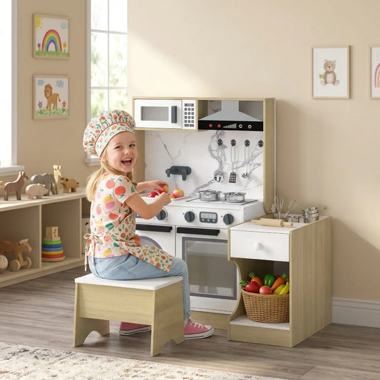 2-In-1 Kids Kitchen Playset, Table & Chair with Sink, Oven, Microwave, 3-8 Play Kitchen Wood Grain, Silver, Grey, Black, White at Gallery Canada
