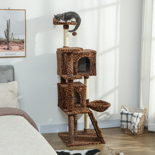 63 Inch Cat Tree with Sisal Posts, Condos, Plush Perches, Hammock, Ladder Cat Towers Leopard Print, Cream White at Gallery Canada