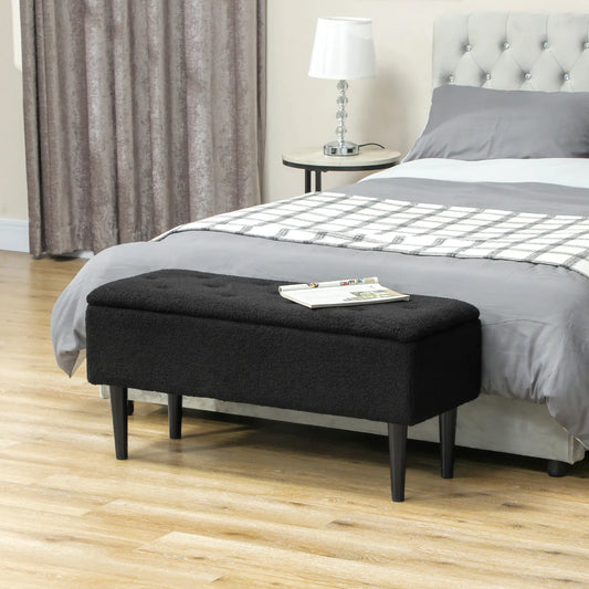 Banc de stockage moderne, Ottoman avec rangement, rembourrage en laine d'agneau, Noir