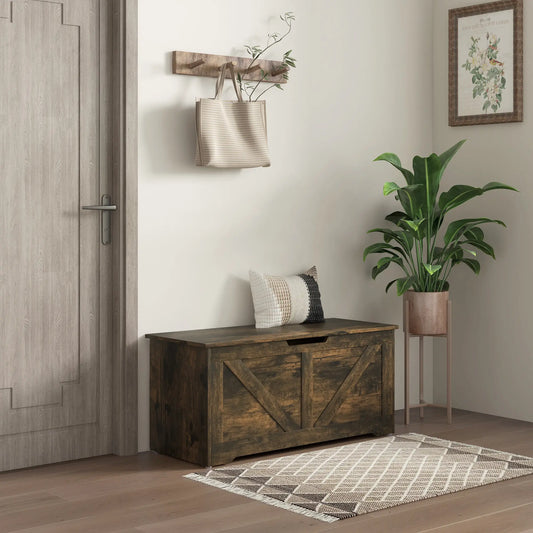39.4 Inches Wooden Storage Chest, 2 Safety Hinges, Brown Wood Grain Storage Cabinets Rustic Brown at Gallery Canada
