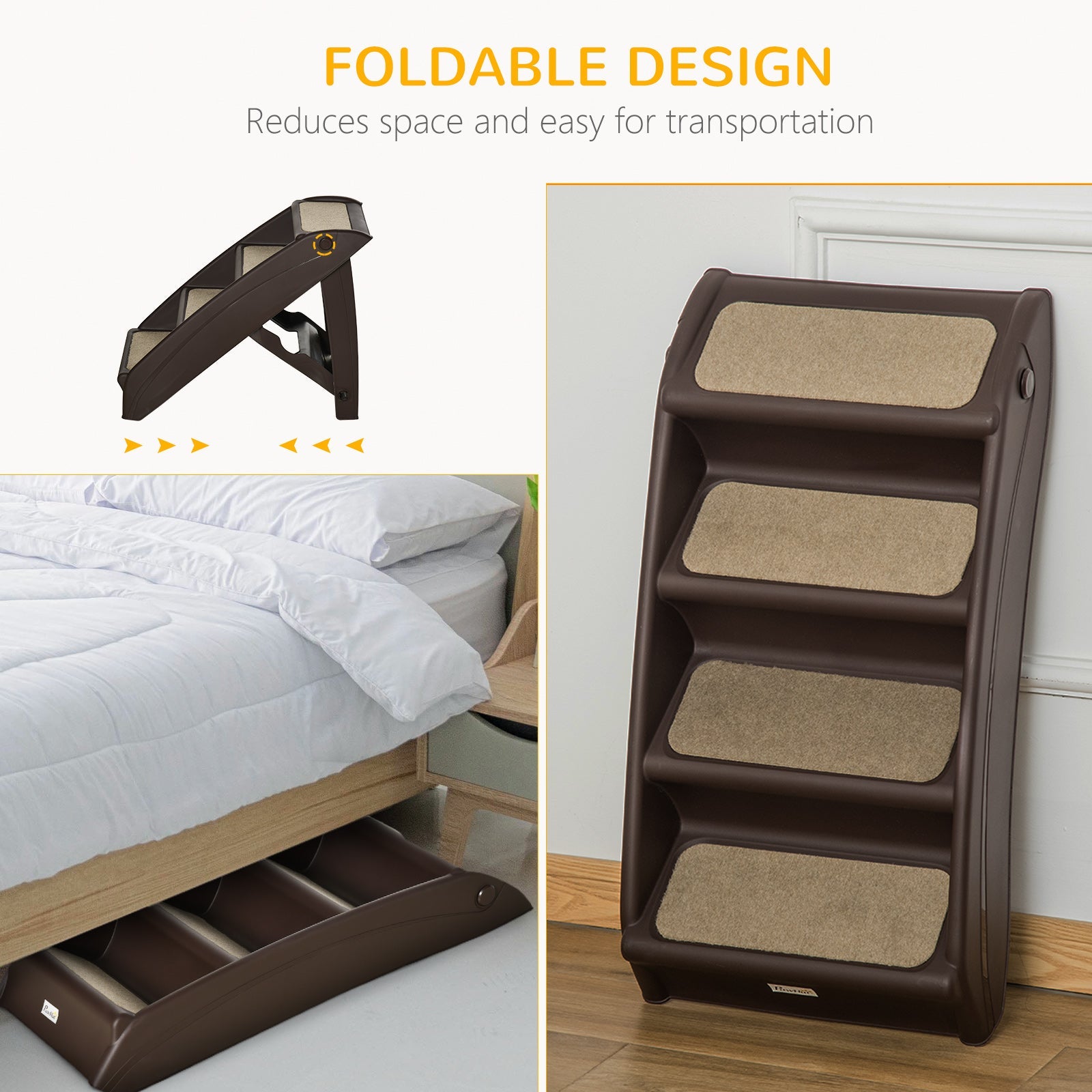 4-Level Portable Pet Stairs, Foldable Dog Ramp, Lightweight Cat Steps, with Nonslip Soft Mats, for High Bed, Sofa, Up to 44 lbs, Dark Brown at Gallery Canada