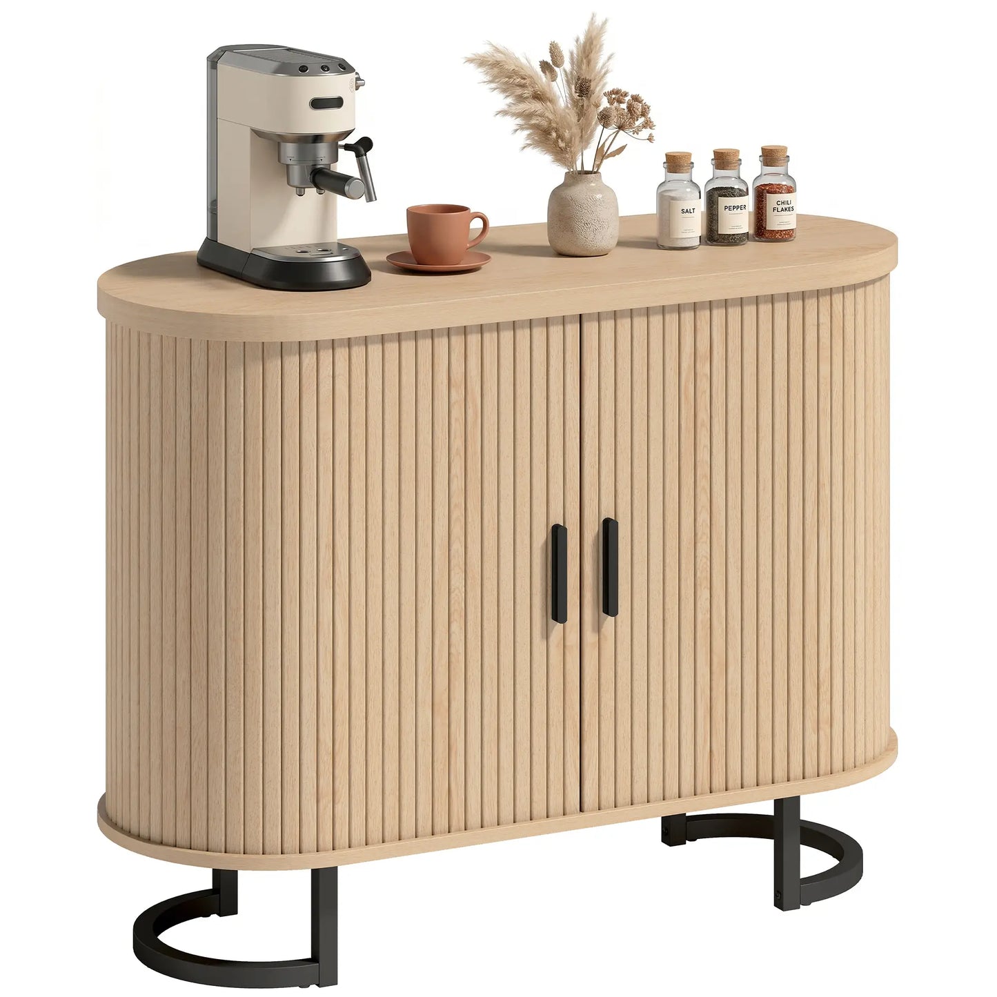 Sideboard Buffet Cabinet, Curved Tambour Doors, Natural Wood