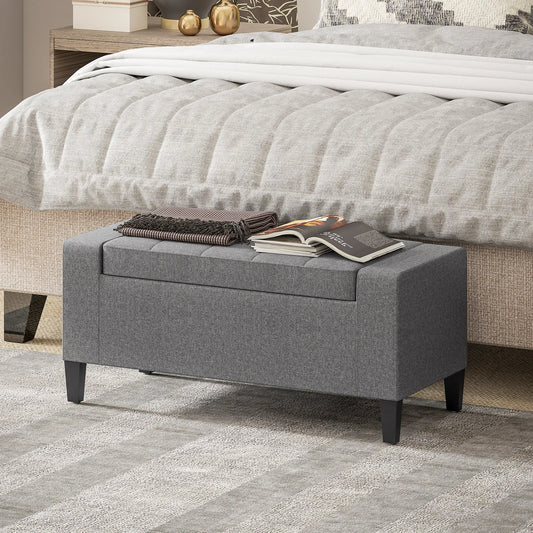 Storage Ottoman Bench, Tufted Linen Fabric, Flipping Top, Grey Storage Ottomans & Benches Grey at Gallery Canada
