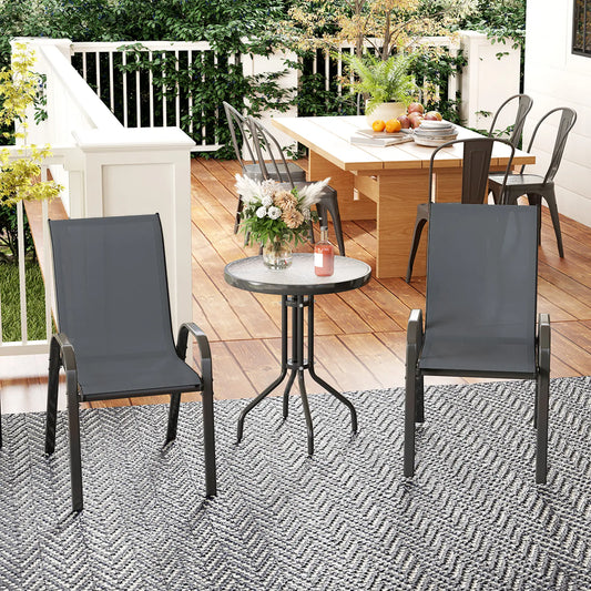 3 Piece Bistro Set, Stackable Mesh Chairs, Glass Table, Dark Grey Bistro Sets Dark Grey at Gallery Canada