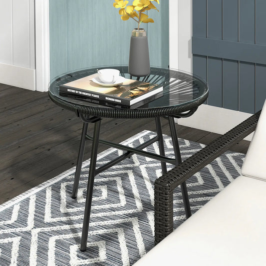 Round Rattan Side Table, Outdoor, PE Rattan, Tempered Glass Top, Black Patio Side Tables Black at Gallery Canada