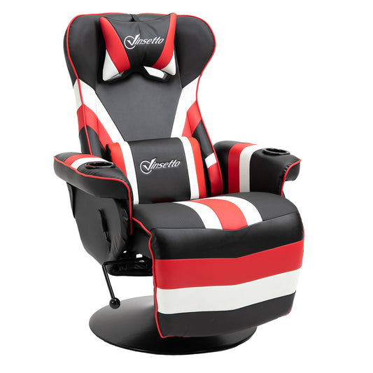 Racing Style Video Gaming Recliner Chair Padded Office Seat with Reclining Backrest and Footrest, Headrest, Lumbar Support, Round Metal Base, Cup Holder for Black and Red at Gallery Canada