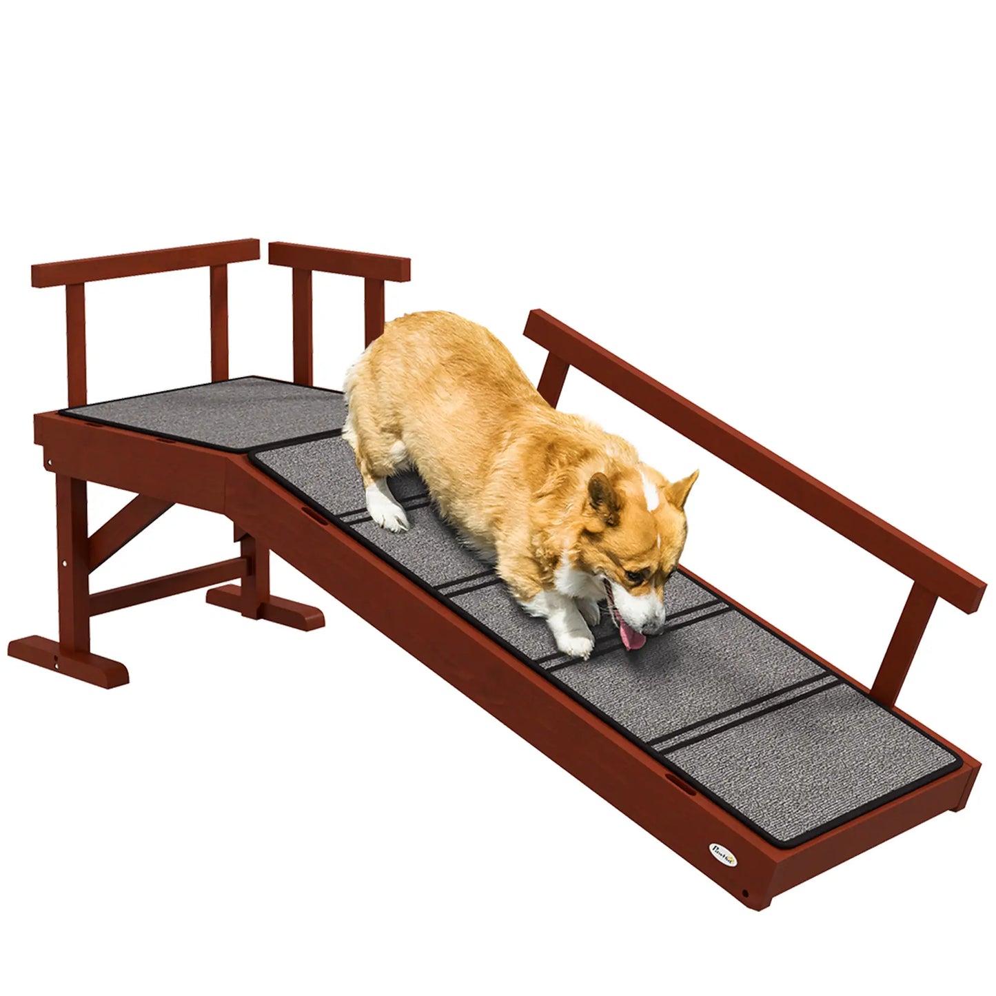 Wooden Dog Ramp, 49" Long, Non-Slip Rug, Removable Guardrails, Brown Dog Stairs at Gallery Canada