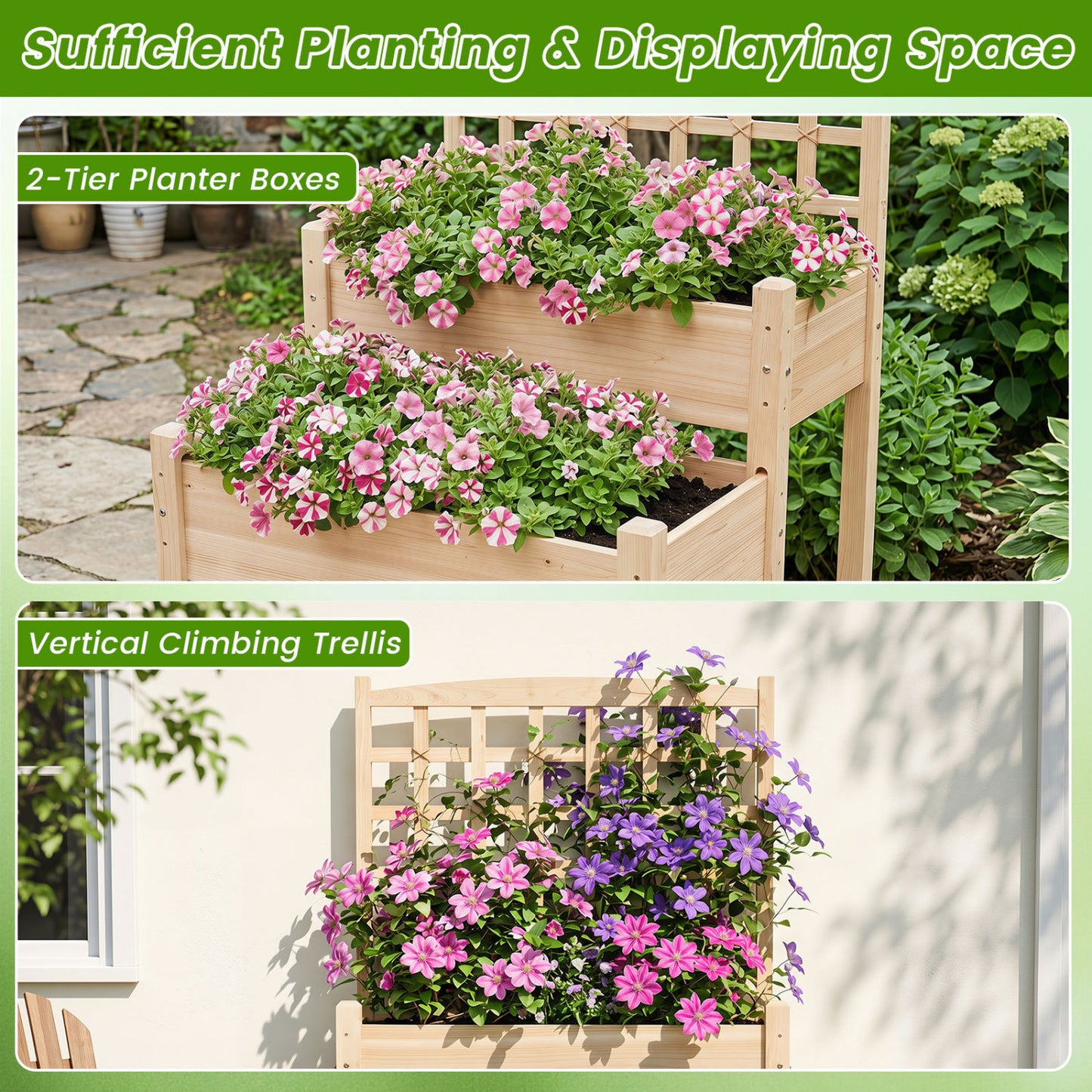 Raised Garden Bed with Trellis 2-Tier for Outdoor Climbing Plants, Natural