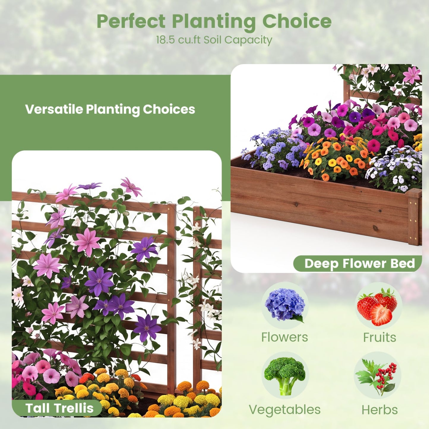 Raised Garden Bed, 2 Planter Boxes, 3 Trellis, Brown