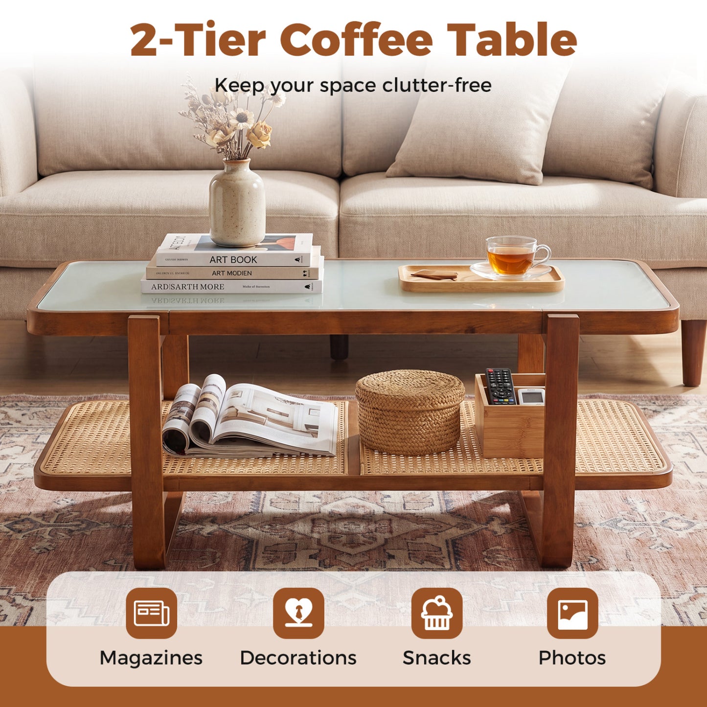 Rattan Coffee Table With Tempered Glass Top, Walnut Coffee Tables at Gallery Canada