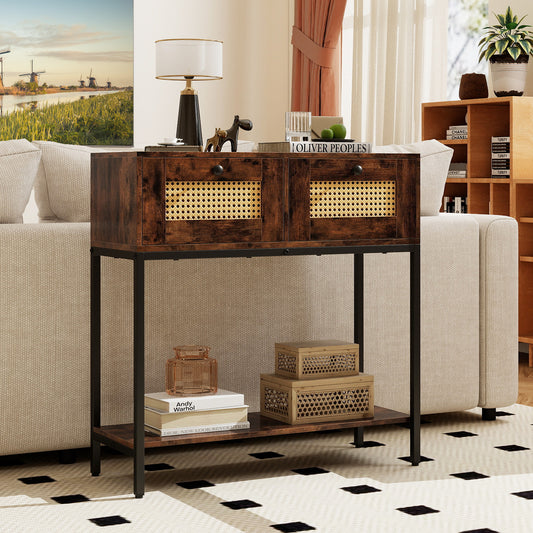 Rattan Console Table Boho Entryway Table with 2 Rattan Drawers and Open Storage Shelf, Rustic Brown Console Tables Rustic Brown at Gallery Canada