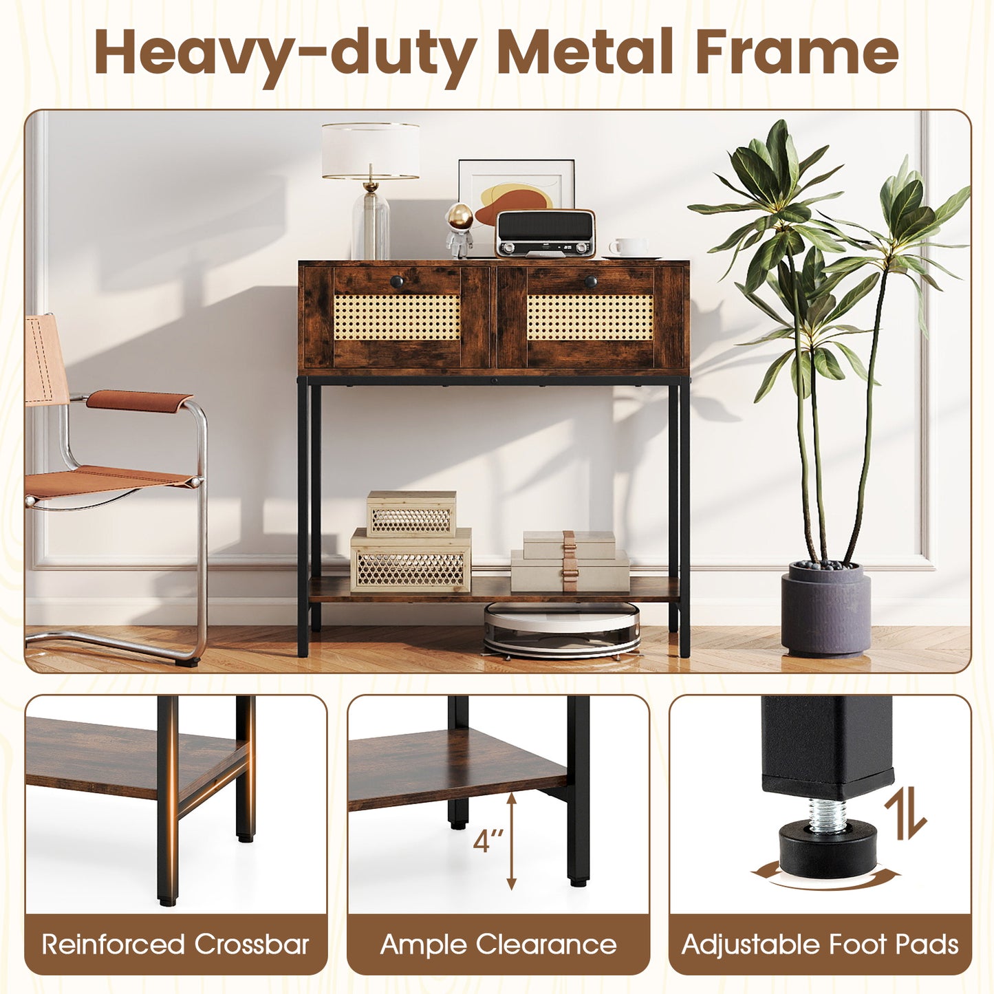 Rattan Console Table Boho Entryway Table with 2 Rattan Drawers and Open Storage Shelf, Rustic Brown Console Tables at Gallery Canada