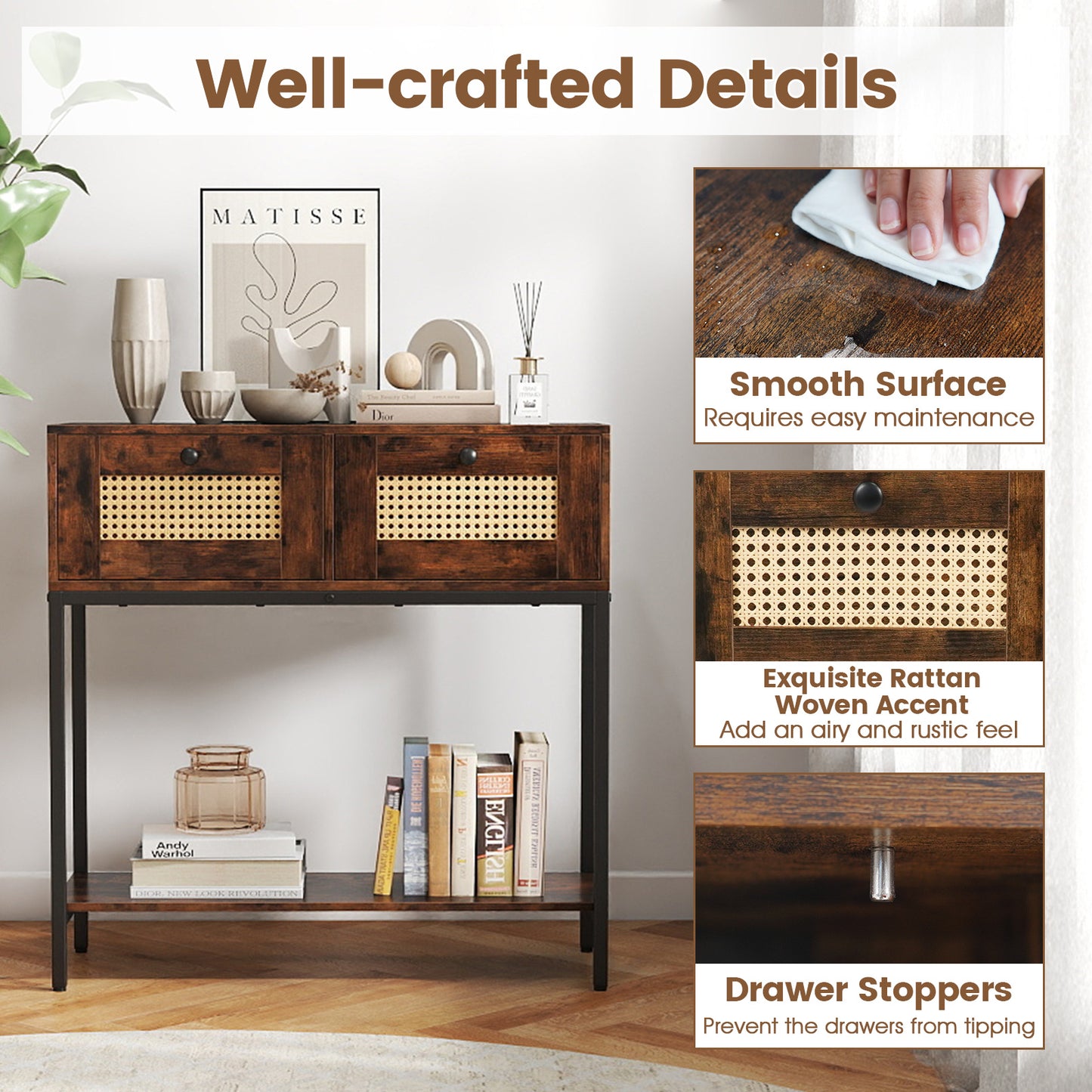 Rattan Console Table Boho Entryway Table with 2 Rattan Drawers and Open Storage Shelf, Rustic Brown Console Tables at Gallery Canada