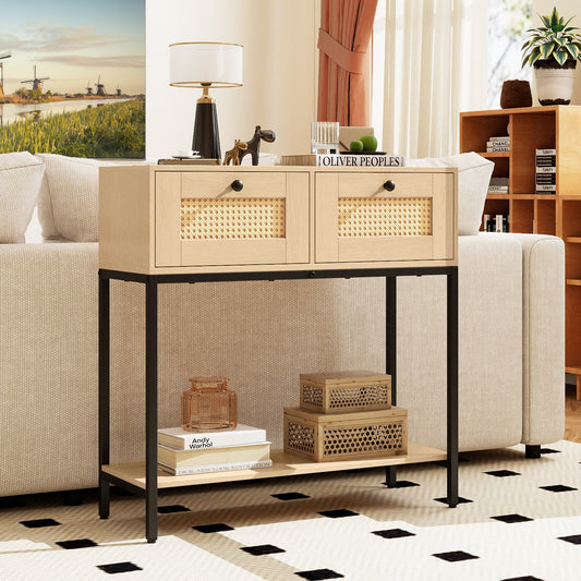 Rattan Console Table, Oak, 2 Drawers, Open Shelf Console Tables Oak at Gallery Canada