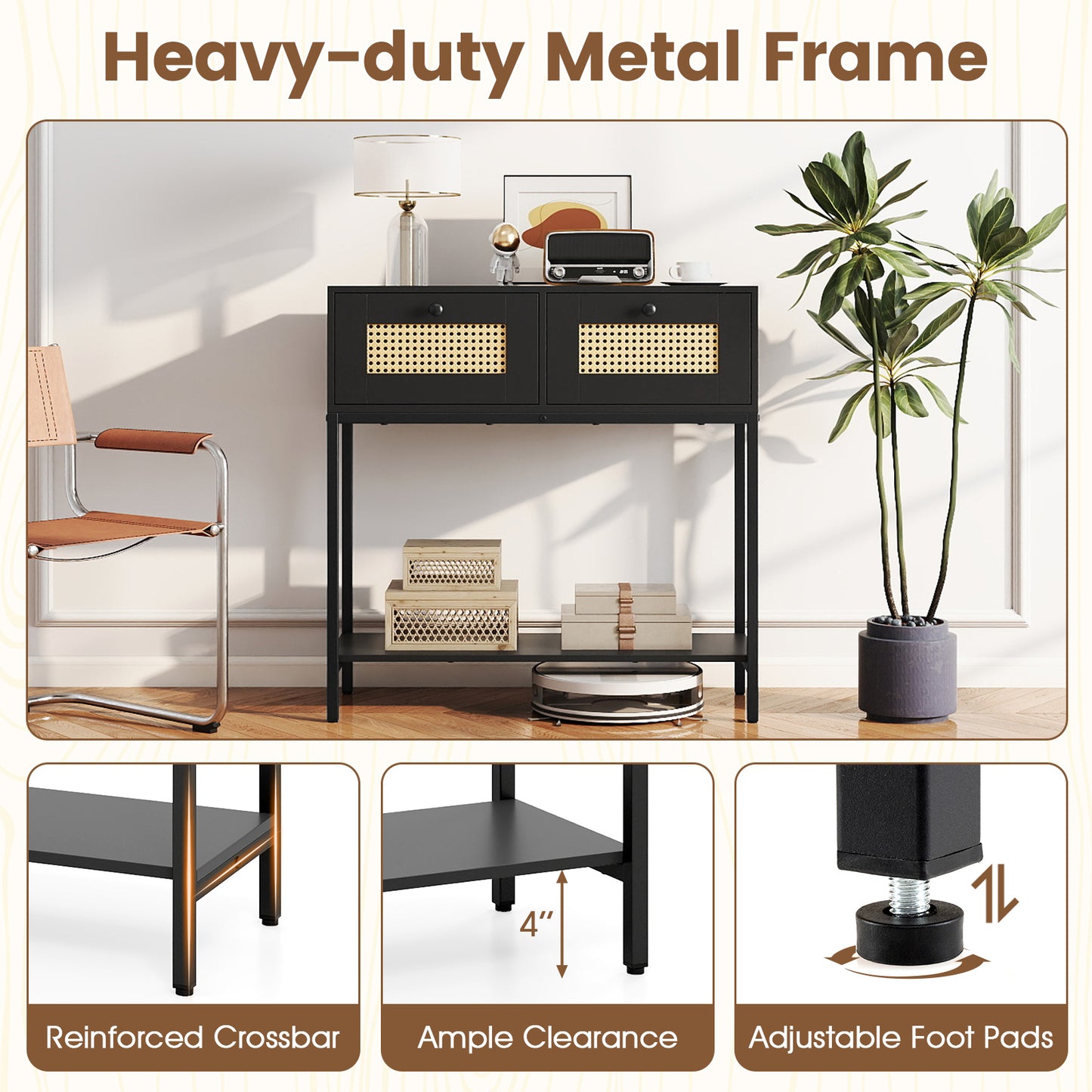 Rattan Console Table Boho Entryway Table with 2 Rattan Drawers and Open Storage Shelf, Black Console Tables at Gallery Canada