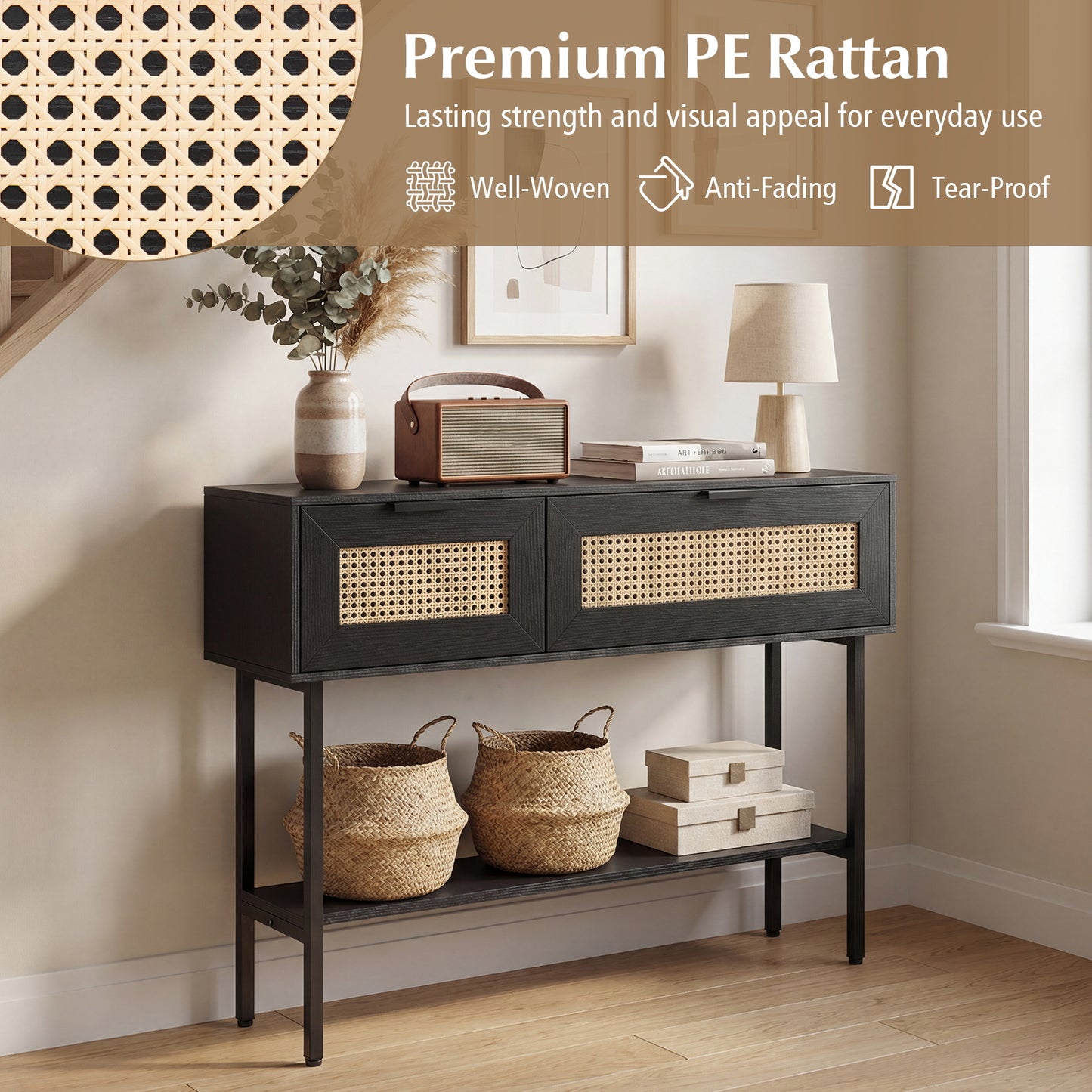 Rattan Console Table, 2 Storage Cabinets, Carbon Steel Frame, Black Console Tables at Gallery Canada