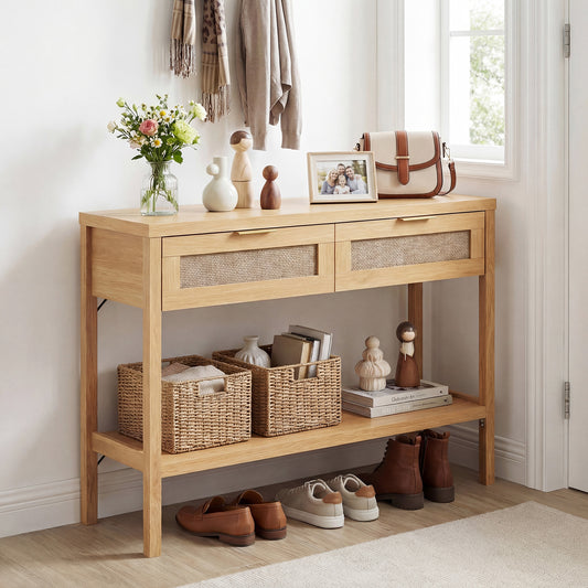 Rattan Console Table, 2 Drawers, Bottom Shelf, Natural Console Tables Natural at Gallery Canada
