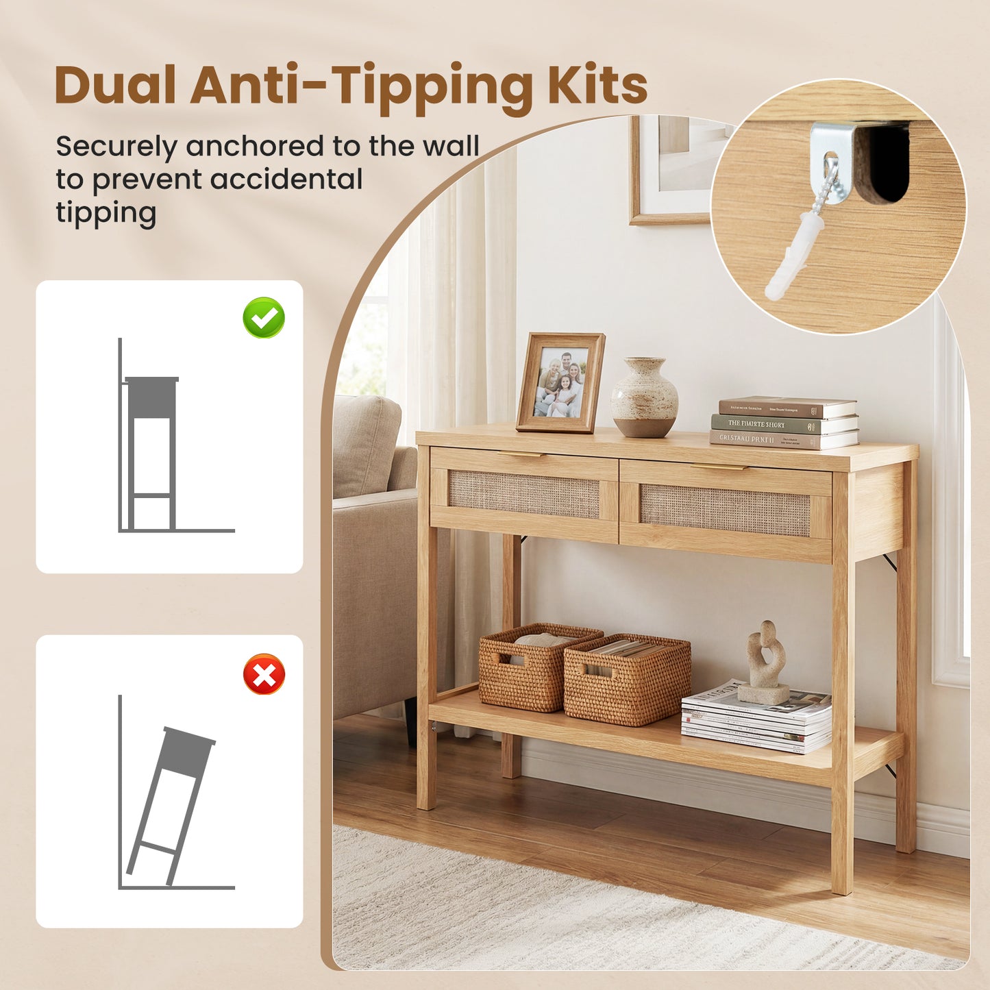 Rattan Console Table, 2 Drawers, Bottom Shelf, Natural