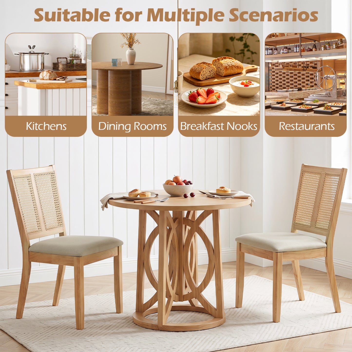 Rattan Dining Chairs Set Of 4, Curved Backrest, Padded Seat, Natural