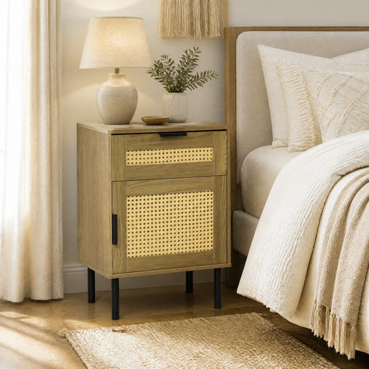 Rattan Nightstand With Drawer & Cabinet, Natural Nightstands Natural at Gallery Canada