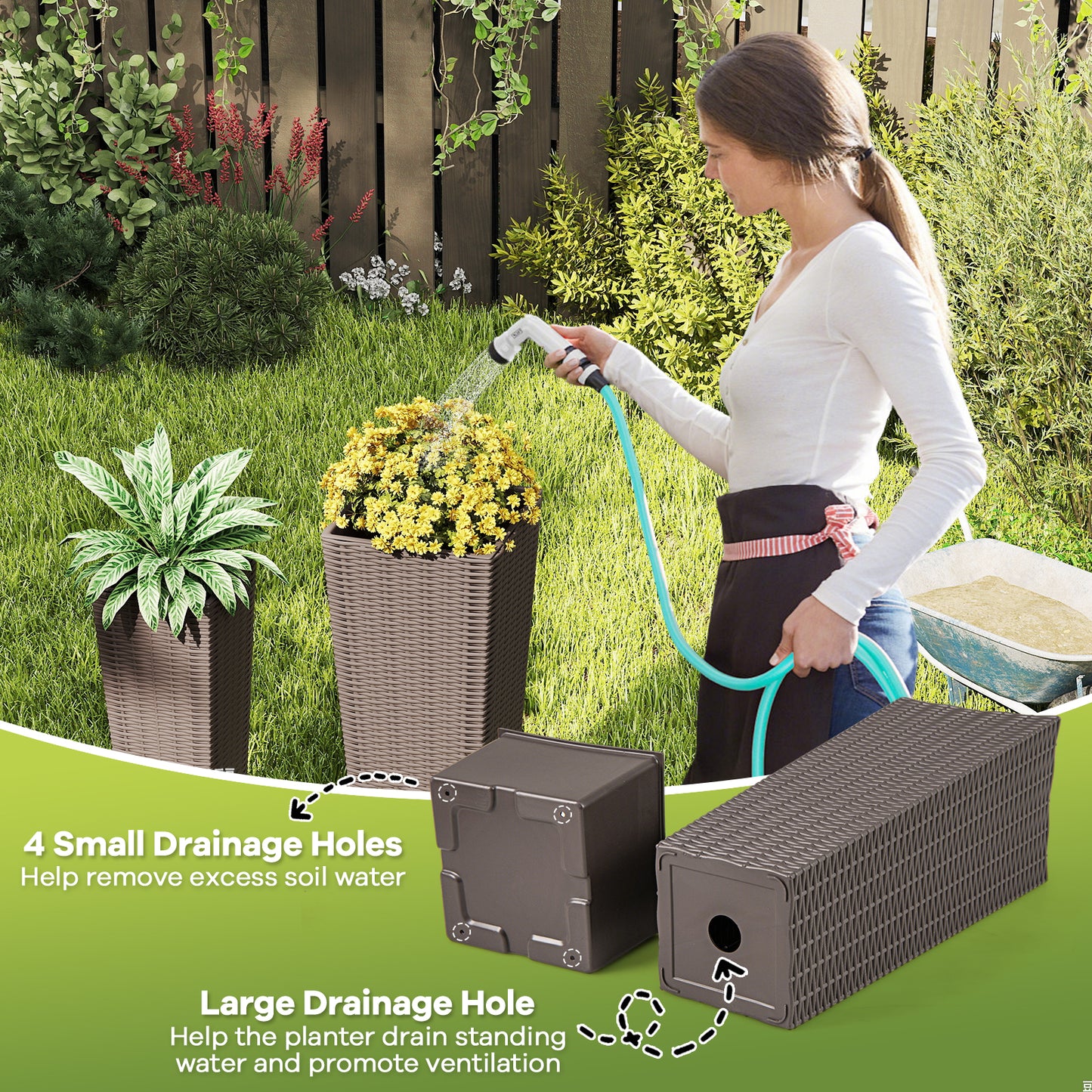 Rattan Tall Planter Set of 2 Outdoor Large Tapered Planters with Removable Inner Trays, Brown Faux Plants at Gallery Canada