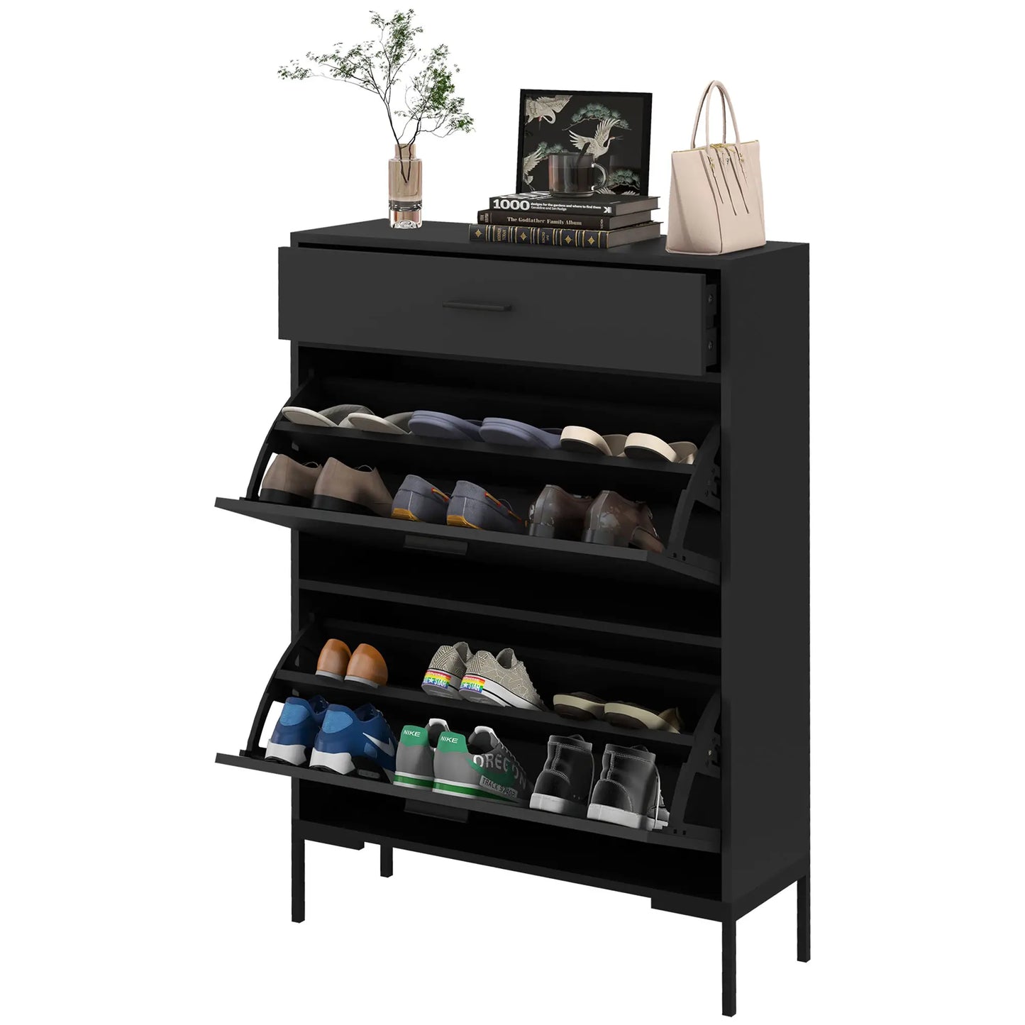 Modern Shoe Cabinet, 12 Pair Organizer, 2 Flip Doors, Adjustable Shelf, Black Shoe Storage Cabinets & Racks at Gallery Canada