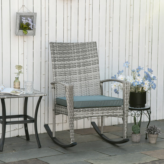 Outdoor PE Rattan Rocking Chair, Garden Glider, Grey Patio Chairs Mixed Grey Rattan, Grey Cushion at Gallery Canada