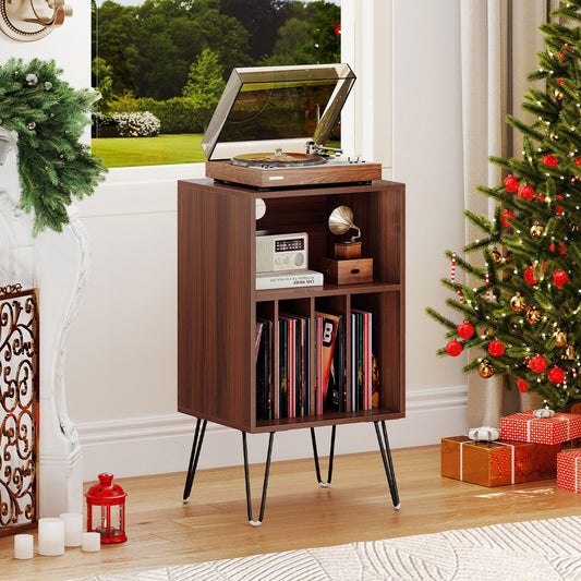 Record Player Stand with Charging Station Turntable Stand with Vinyl Storage, Walnut End & Side Tables Walnut at Gallery Canada