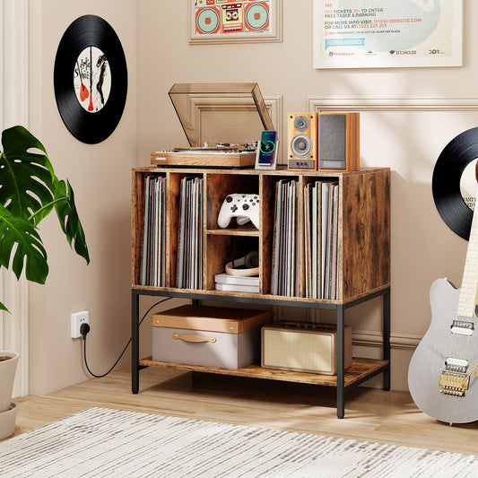 Record Player Stand with Charging Station and Metal Frame, Rustic Brown End & Side Tables Rustic Brown at Gallery Canada