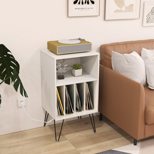 Record Player Stand With Charging Station, White