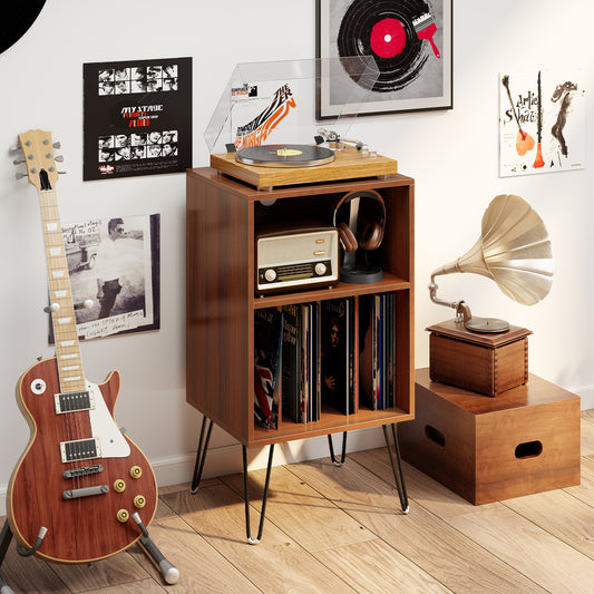 Record Player Stand With Charging Station, Walnut