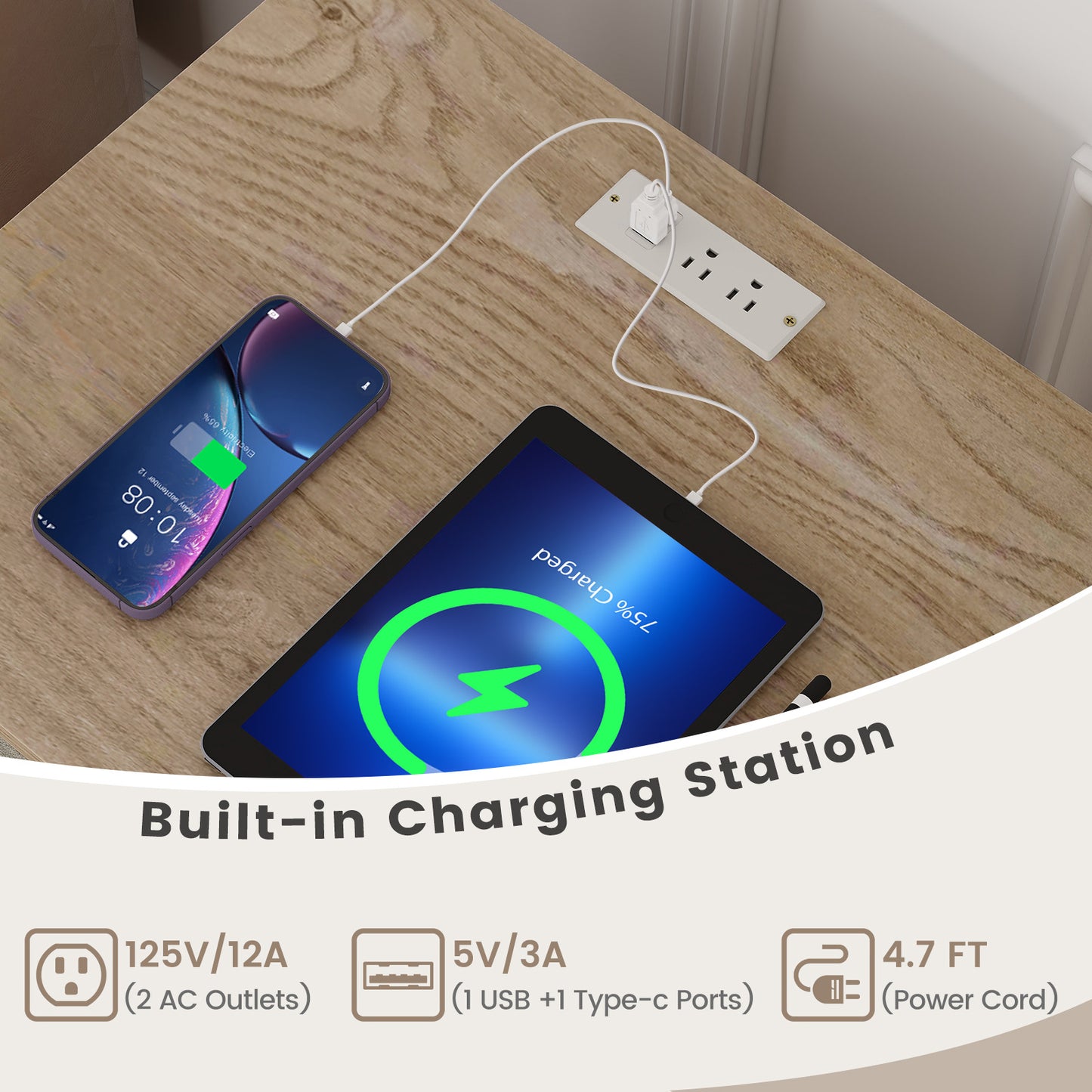 Support de tourne-disque avec étagère de rangement, station de recharge, naturel