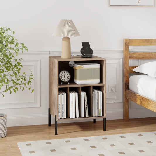 Record Player Stand With Storage Shelf, Charging Station, Natural