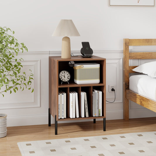 Record Player Stand With Storage Shelf, Charging Station, Walnut End & Side Tables Walnut at Gallery Canada