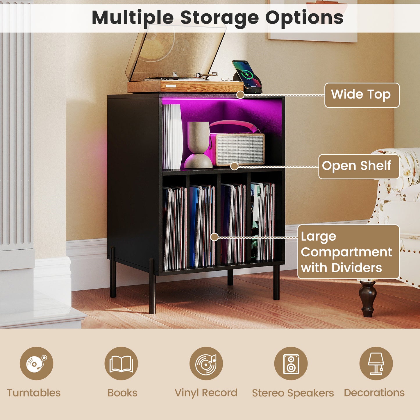 Record Player Stand With LED Light, Charging Station, Black End & Side Tables at Gallery Canada