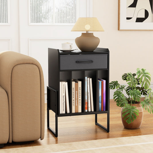 Record Player Stand with Drawer and Record Holder, Black
