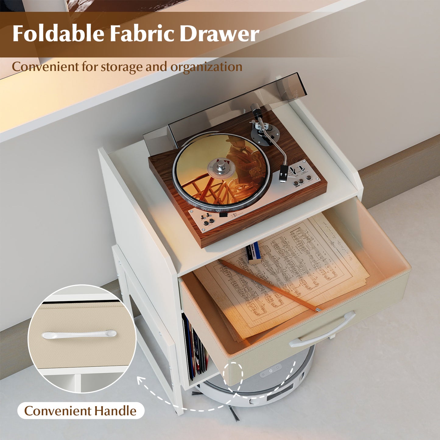 Record Player Stand with Drawer and Record Holder, White End & Side Tables at Gallery Canada