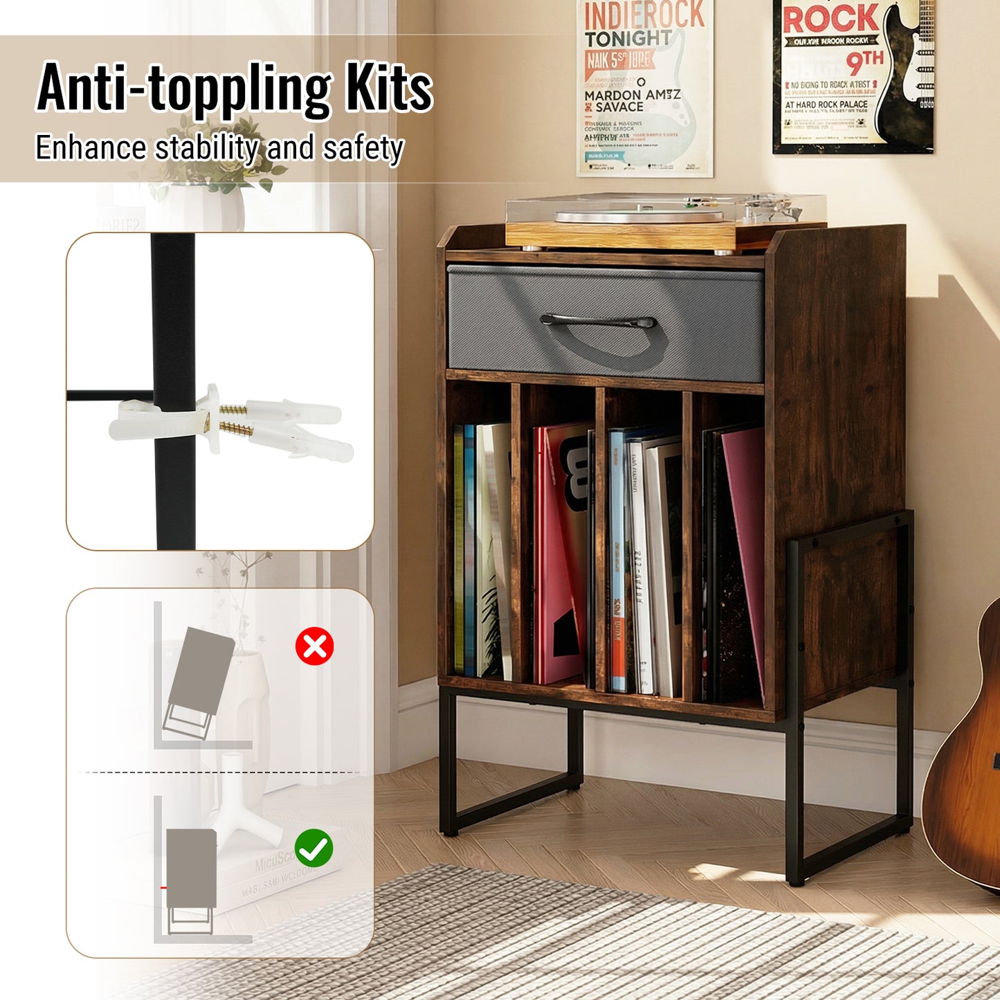Record Player Stand with Drawer and Record Holder, Rustic Brown End & Side Tables at Gallery Canada