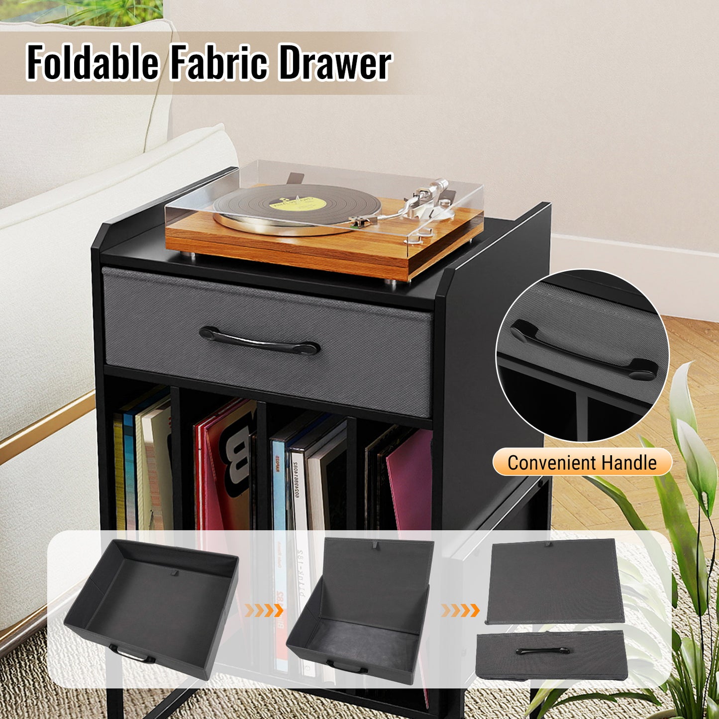 Record Player Stand with Drawer and Record Holder, Black End & Side Tables at Gallery Canada