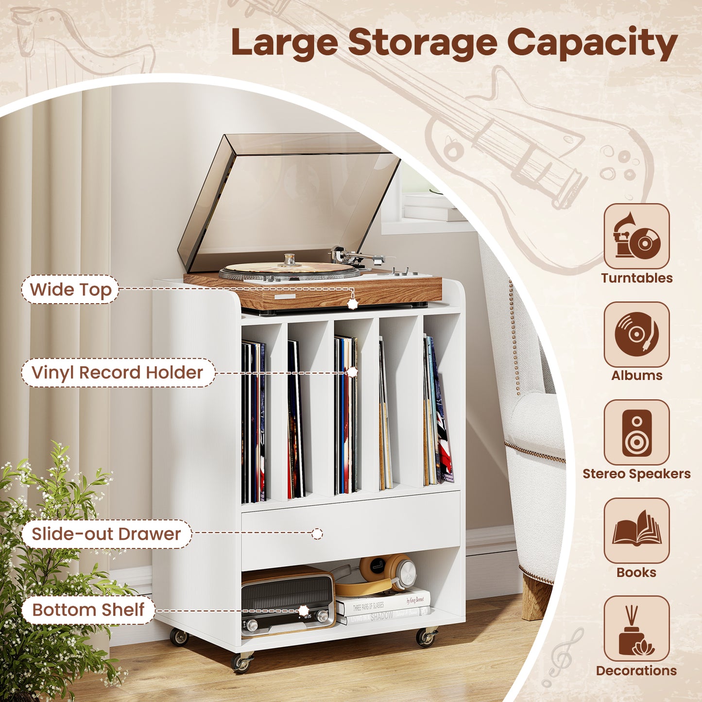 Record Player Stand Turntable Stand with Drawer and Record Holder, White Cabinets & Chests at Gallery Canada