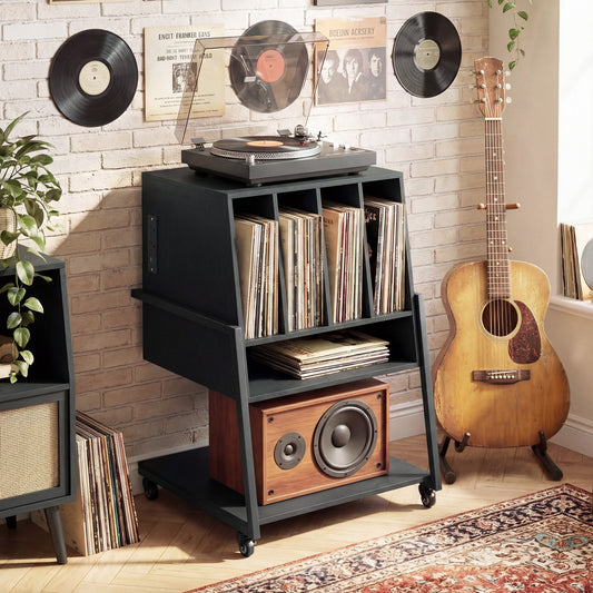 Rolling Record Player Stand with Power Outlets, Black End & Side Tables Black at Gallery Canada