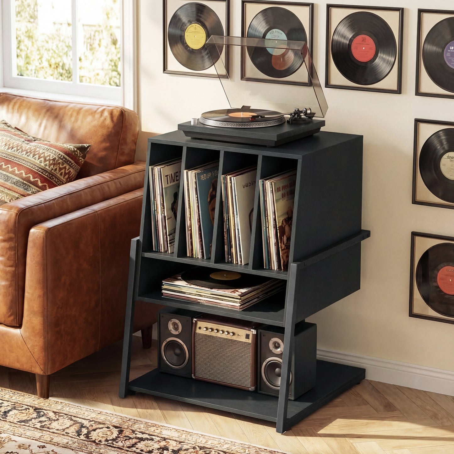 Rolling Record Player Stand with Power Outlets, Black End & Side Tables at Gallery Canada