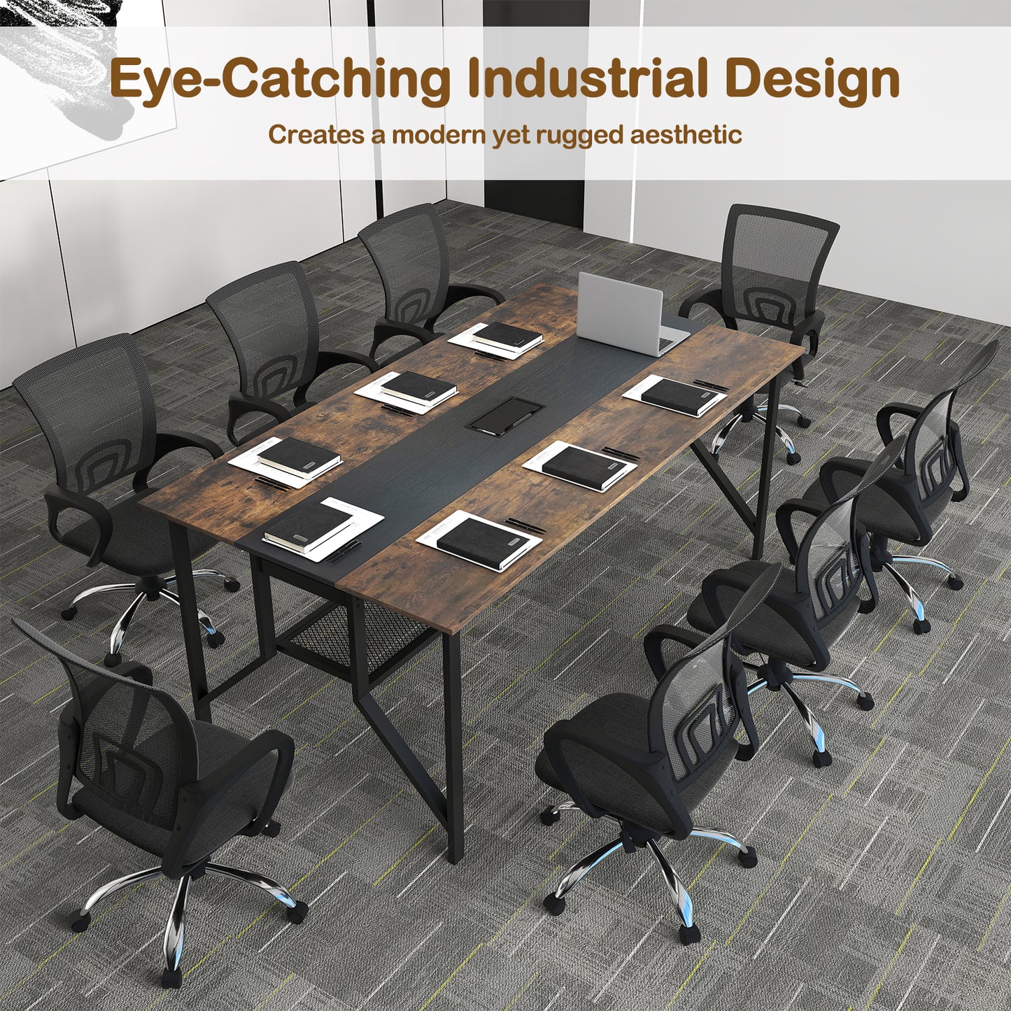 Rectangular Meeting Table with Mesh Storage Shelf and Cable Grommet-GY, Rustic Brown Office Desks at Gallery Canada
