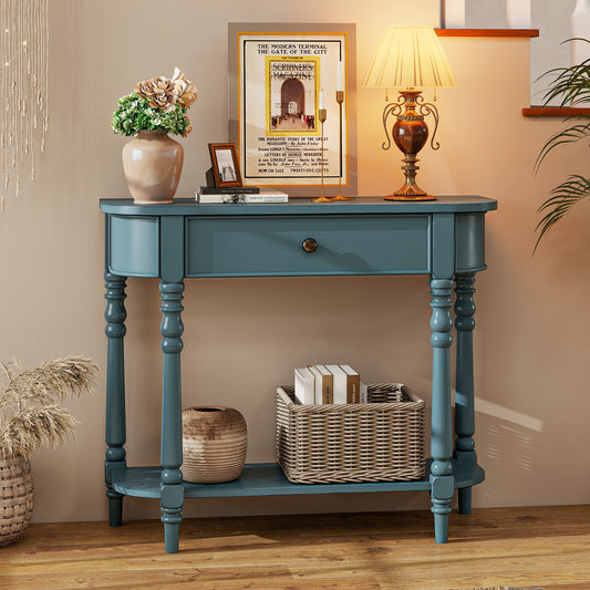 Retro Console Table, 36"L, 2-Tier Narrow Behind Couch Foyer, Blue Console Tables Blue at Gallery Canada