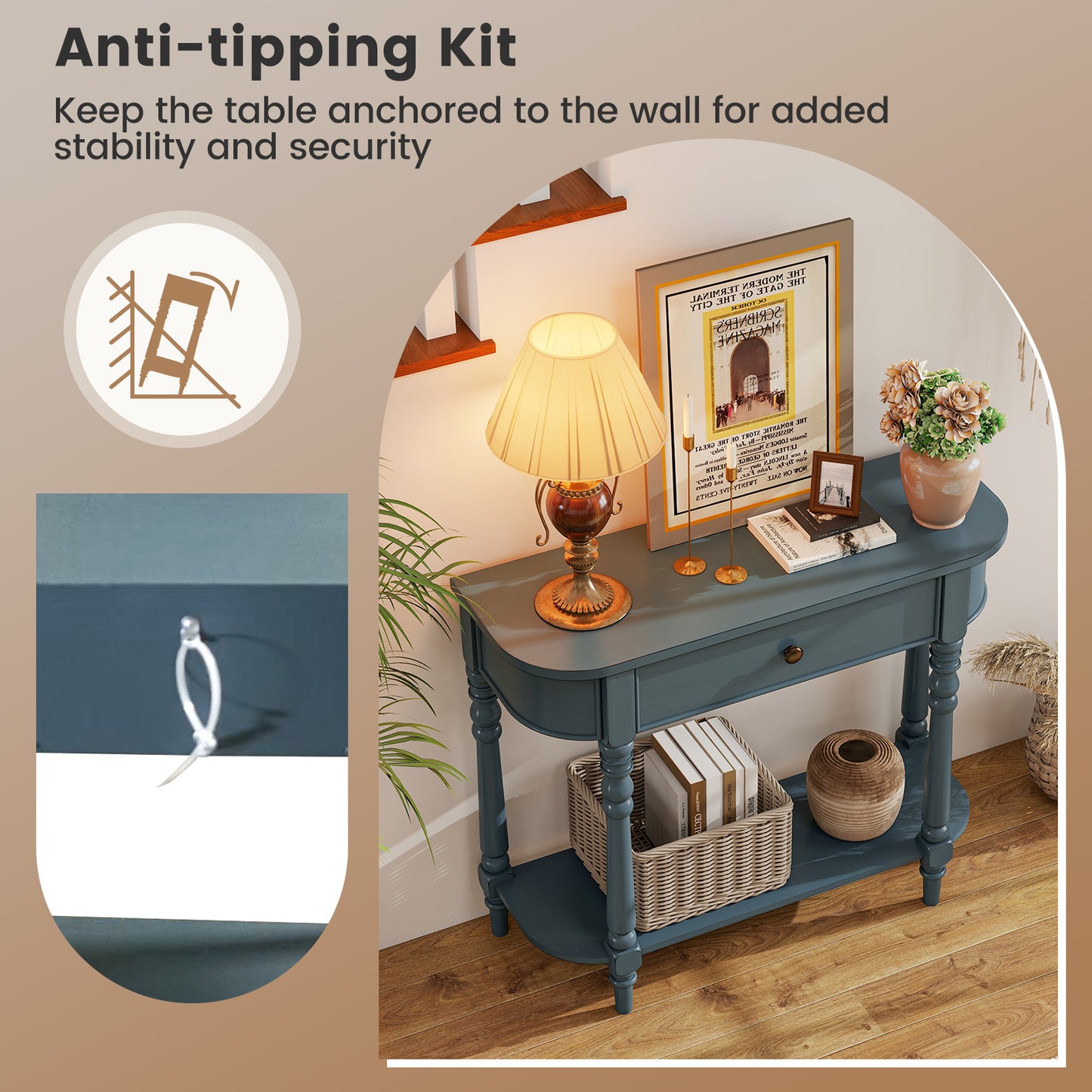 Retro Console Table, 36"L, 2-Tier Narrow Behind Couch Foyer, Blue Console Tables at Gallery Canada