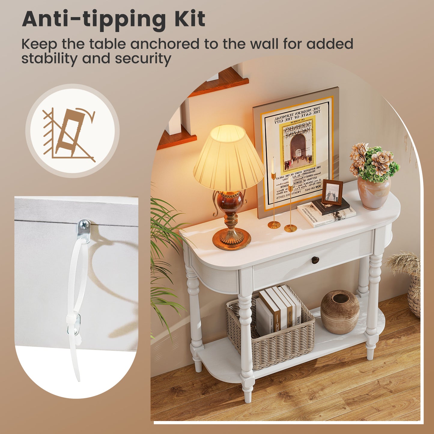 Retro Console Table, 36"L, 2-Tier Narrow Behind Couch, White Console Tables at Gallery Canada