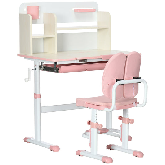 Kids Desk and Chair Set, Height Adjustable Student Writing Desk &; Chair with Adaptive Seat Back, Footrests, Bookshelf, Drawer, Pen Holder, Pink - Gallery Canada