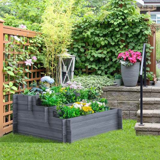3-Tier Wood Raised Garden Bed, Elevated Planting Box, Gray Wooden Planter Boxes Grey at Gallery Canada